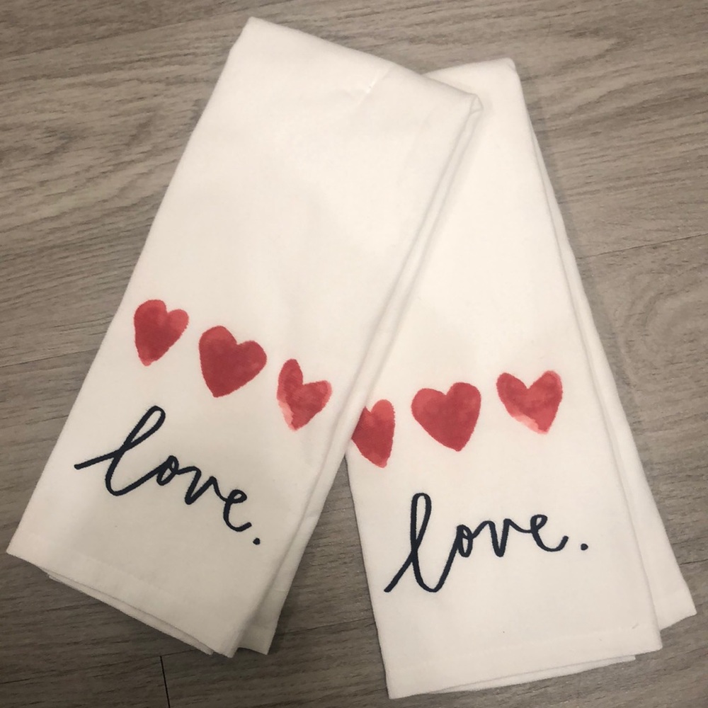 New, never used Rae Dunn Valentine’s dish towels